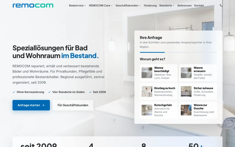 REMOCOM Badservice Startseite mit Anfrage-Assistent Desktop