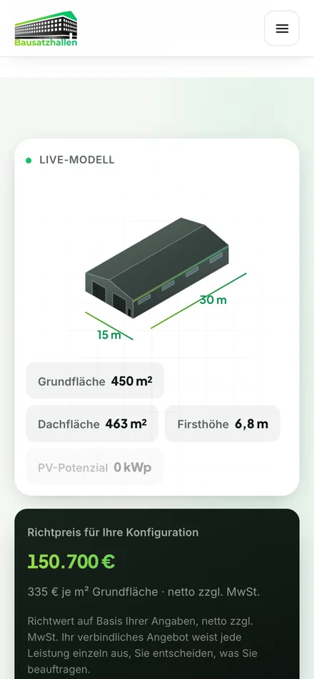 Bausatzhalle.de Hallenkalkulator mit 3D-Modell und Richtpreis auf dem Smartphone