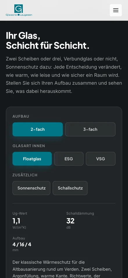 Glaserei Laugesen Glasaufbau-Studio mit Ug-Wert auf dem Smartphone