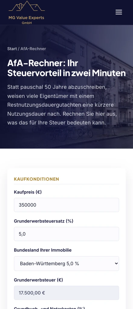 MG Value Experts AfA-Rechner auf dem Smartphone