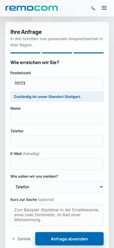 REMOCOM Anfrage-Assistent zeigt nach Eingabe der Postleitzahl den zuständigen Standort Stuttgart