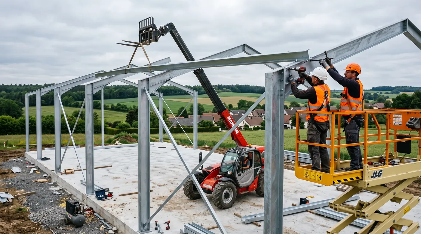 Montage einer Stahlhalle als Bausatz mit Hubarbeitsbühne