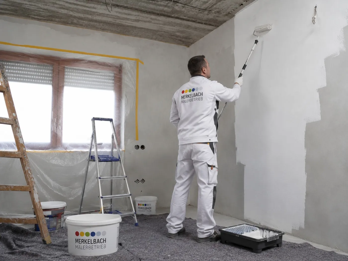 Maler der Merkelbach Gruppe beim Streichen einer Wand